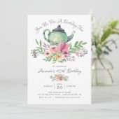 Waterverf Floral Teapot Birthday Party Invitation Kaart (Staand voorkant)