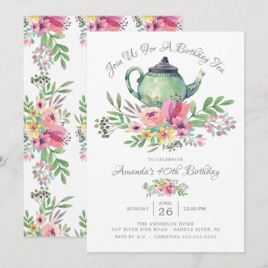 Waterverf Floral Teapot Birthday Party Invitation Kaart (Voorkant / Achterkant)