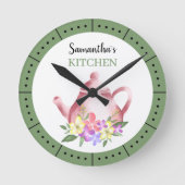 Waterverf Floral Teapot Custom Name Kitchen Ronde Klok (Voorkant)
