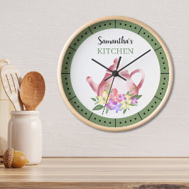 Waterverf Floral Teapot Custom Name Kitchen Ronde Klok