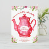 Waterverf Floral Teapot Tea Party Invitation Kaart (Staand voorkant)