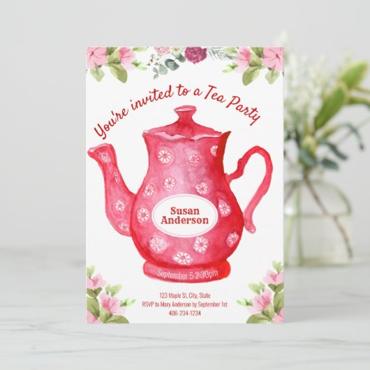 Waterverf Floral Teapot Tea Party Invitation Kaart (Staand voorkant)