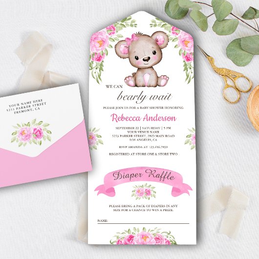 Waterverf Floral Teddy Bear Baby shower All In One Uitnodiging