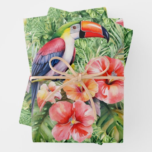 Waterverf Floral Toucans op tropisch gebladerte Inpakpapier Vel (In situ)