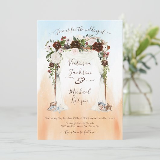 Waterverf Floral Tropical Beach Canopy Bruiloft Kaart (Staand voorkant)