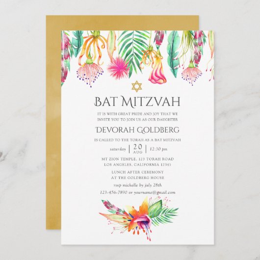 Waterverf Floral Tropical Summer Bat Mitzvah Kaart (Voorkant / Achterkant)