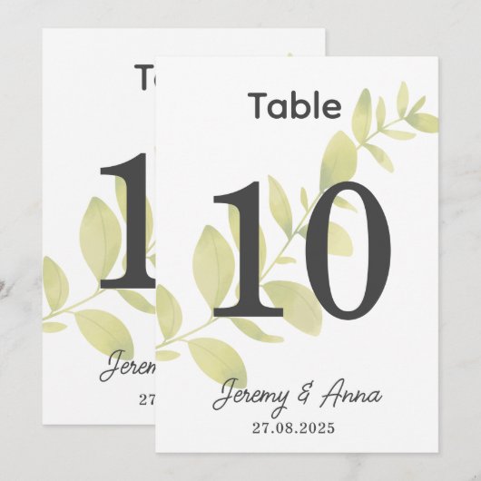 Waterverf Floral Trouwtafel Nummer Kaart (Voorkant / Achterkant)