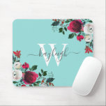 Waterverf Floral Turquoise Monogrammed Muismat<br><div class="desc">Bogundy waterverf botanische pony roos floral on turquoise personalized monogrammed Muismat. Bourgogne,  marsala,  witte waterverf pony-rozen,  botanisch bloemontwerp met donkergroene bladeren en bessen op lichtblauw,  aqua of turquoise-achtergrond. Functie van een elegant,  stijlvol,  handgeschreven typografie met jouw naam,  monogram en  bogundy,  witte pony-rozen. Perfect vrouwelijk geschenk.</div>