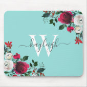 Waterverf Floral Turquoise Monogrammed Muismat (Voorkant)