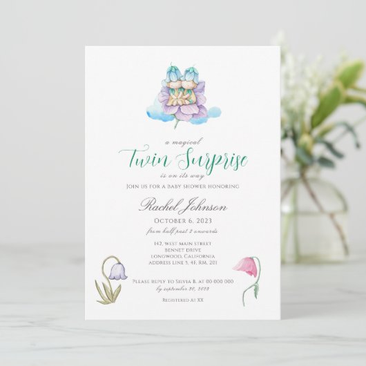 Waterverf Floral Twins Baby shower Uitnodiging (Staand voorkant)