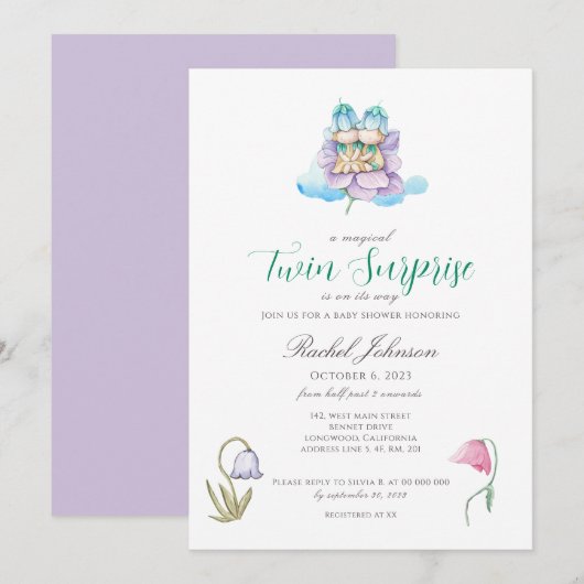 Waterverf Floral Twins Baby shower Uitnodiging (Voorkant / Achterkant)