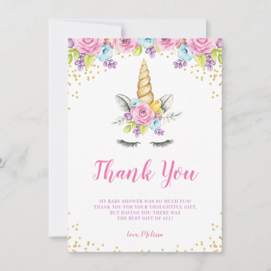 Waterverf Floral Unicorn Baby shower Bedankkaart (Voorkant)