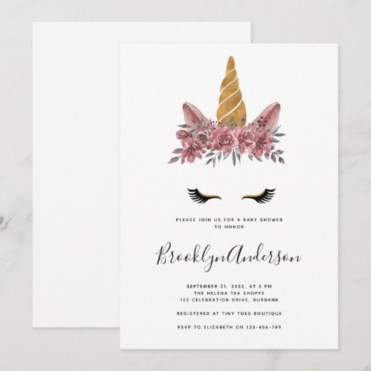 Waterverf Floral Unicorn Baby shower Kaart (Voorkant / Achterkant)