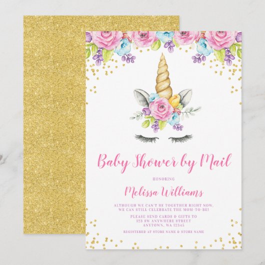 Waterverf Floral Unicorn Baby shower per post Kaart (Voorkant / Achterkant)