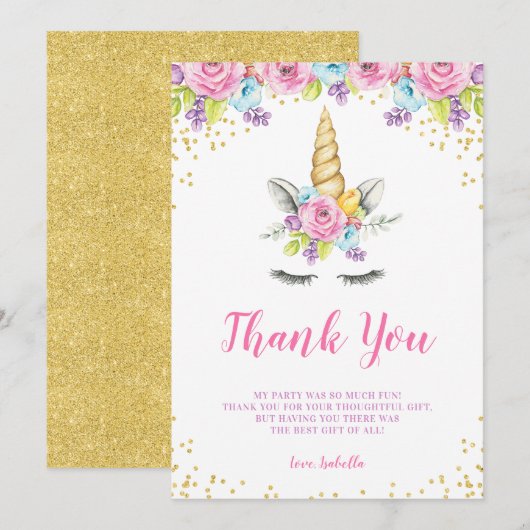 Waterverf Floral Unicorn Birthday Bedankkaart (Voorkant / Achterkant)