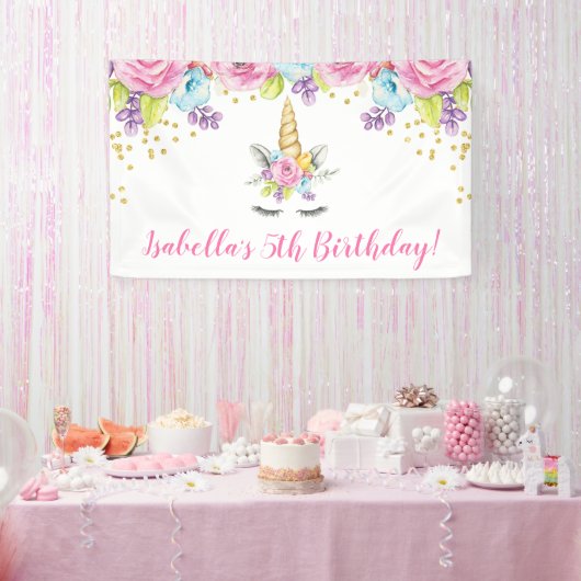 Waterverf Floral Unicorn Birthday Spandoek (Feest)