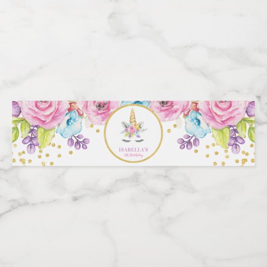 Waterverf Floral Unicorn Birthday Waterfles Etiket (Enkel label)