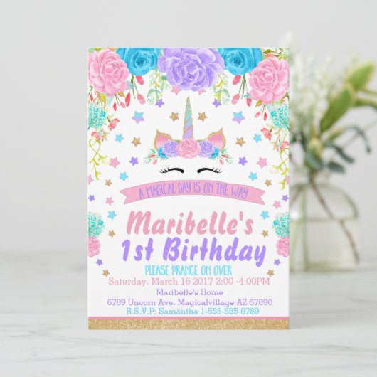 Waterverf Floral Unicorn Face Birthday Party Kaart (Staand voorkant)
