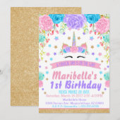 Waterverf Floral Unicorn Face Birthday Party Kaart (Voorkant / Achterkant)