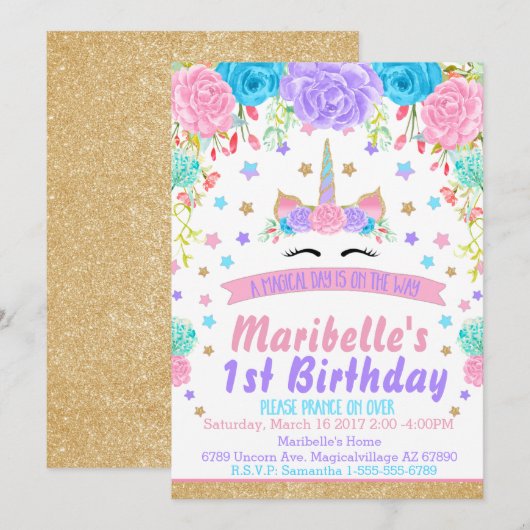 Waterverf Floral Unicorn Face Birthday Party Kaart (Voorkant / Achterkant)