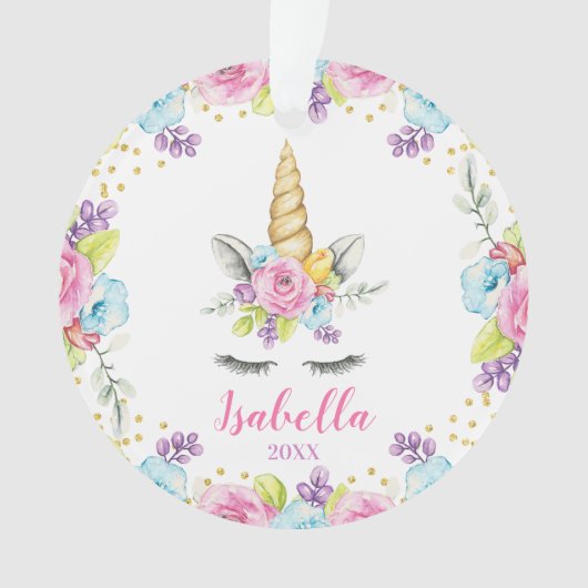 Waterverf Floral Unicorn op persoonlijke titel Ornament (voorkant)