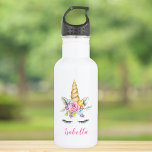 Waterverf Floral Unicorn Personalized Girl Waterfles<br><div class="desc">Aangepaste eenhoornfles voor een meisje. Dit schattige ontwerp kenmerkt waterverf roze,  paarse en blauwe bloemen en een eenhoorn gezicht.</div>