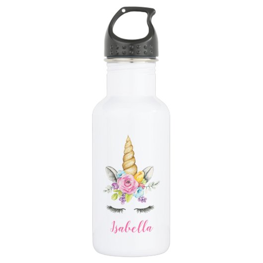 Waterverf Floral Unicorn Personalized Girl Waterfles (Voorkant)