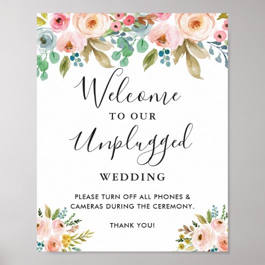Waterverf Floral Unplugged Wedding Ceremony Sign Poster (Voorkant)