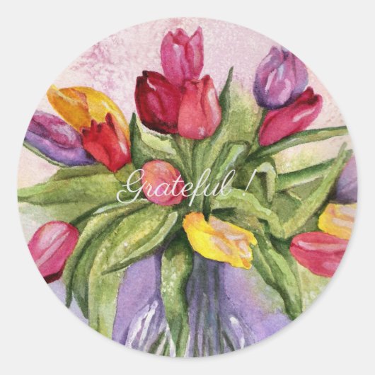 Waterverf Floral van kleurrijke Tulpen Ronde Sticker (Voorkant)