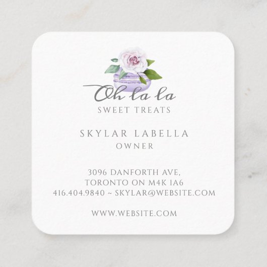Waterverf Floral Violet Macaron Bakery & Sweets Vierkante Visitekaartje (Achterkant)