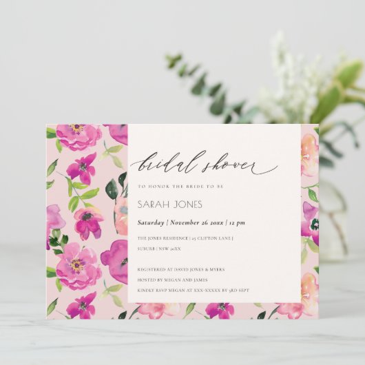 Waterverf Floral Vrijgezellenfeest van Bright roze Kaart (Staand voorkant)