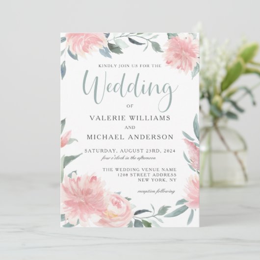 Waterverf Floral Weddenschap Wispy Pink Kaart (Staand voorkant)