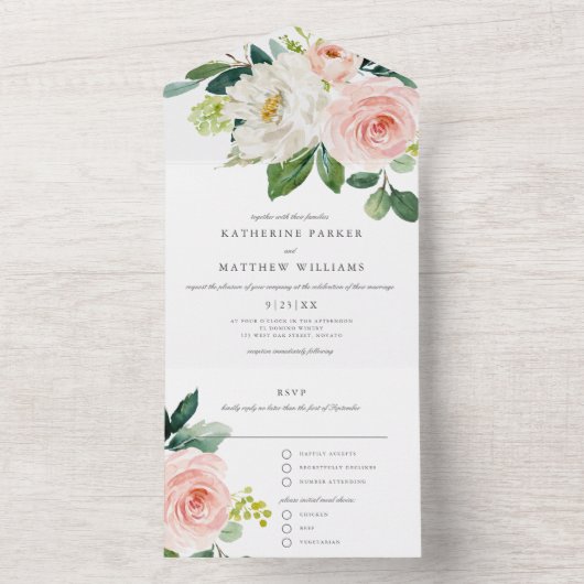  Waterverf Floral Wedding All In One Uitnodiging (Binnen)
