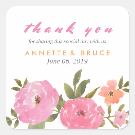Waterverf Floral Wedding Bedankt Vierkante Sticker (Voorkant)