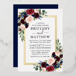 Waterverf Floral Wedding Blue 2 Lijst Gold Folie Uitnodiging