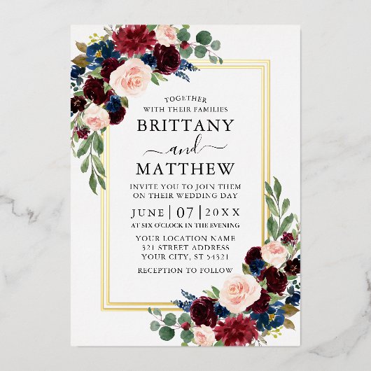 Waterverf Floral Wedding Blue 2 Lijst Gold Folie Uitnodiging (Voorkant)