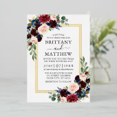 Waterverf Floral Wedding Blue 2 Lijst Gold Folie Uitnodiging (Staand Voorkant)
