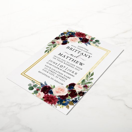 Waterverf Floral Wedding Blue 2 Lijst Gold Folie Uitnodiging (Gedraaid)