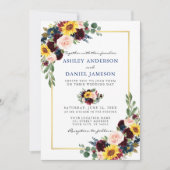 Waterverf Floral Wedding Blue Gold Lijst Kaart (Voorkant)