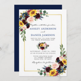 Waterverf Floral Wedding Blue Gold Lijst Kaart
