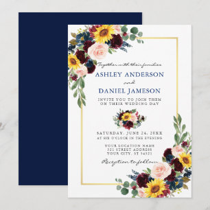 Waterverf Floral Wedding Blue Gold Lijst Kaart