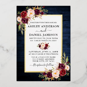Waterverf Floral Wedding Blue Wood Gold Folie Uitnodiging