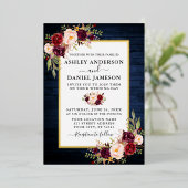 Waterverf Floral Wedding Blue Wood Gold Folie Uitnodiging (Staand Voorkant)