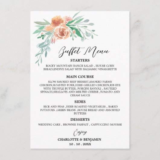 Waterverf Floral Wedding Buffet Menu Earth Tone (Voorkant)