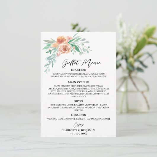 Waterverf Floral Wedding Buffet Menu Earth Tone (Staand voorkant)