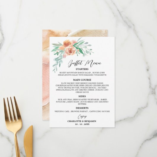 Waterverf Floral Wedding Buffet Menu Earth Tone (Voorkant / Achterkant in situ)