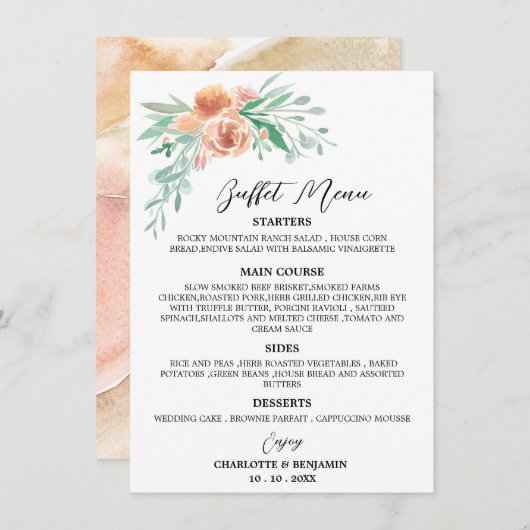 Waterverf Floral Wedding Buffet Menu Earth Tone (Voorkant / Achterkant)