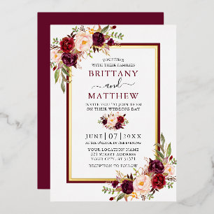 Waterverf Floral Wedding Burgundy en Gold Folie Uitnodiging