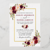Waterverf Floral Wedding Burgundy Gold Folie Uitnodiging (Voorkant)