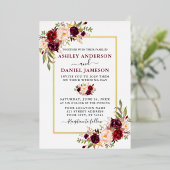 Waterverf Floral Wedding Burgundy Gold Folie Uitnodiging (Staand Voorkant)